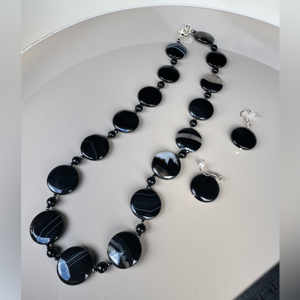 Handmade Black Banded Agate Natural Stone Necklace and Earring Set